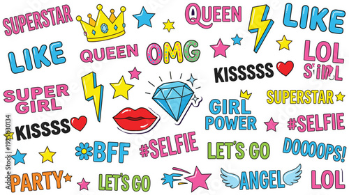 Trendy girl power stickers collection illustration, colorful pop art quotes lips crown lightning diamond and social media icons