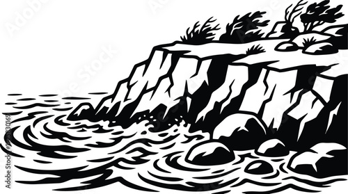 Line art dramatic coastal cliffs with crashing waves windswept shrubs rocky shoreline side view high contrast vector illustration engraving style