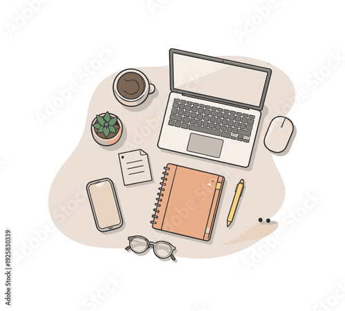 Calm home office productivity essentials with sparse objects slightly angled for balance shown from above, arranged in the right