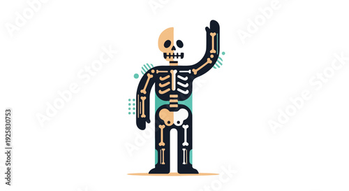 A colorful illustration of a human skeleton waving its right hand with a white background and a mix of orange, black, and teal lines.
