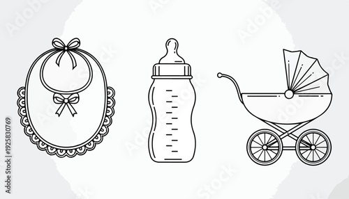 Line drawing of a baby bib, bottle, and stroller on a plain background with a minimalist style.