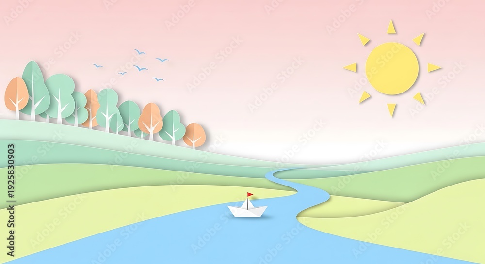 Naklejka premium Small paper boat sails down a winding blue river under a bright yellow sun in a gentle, layered countryside scene.