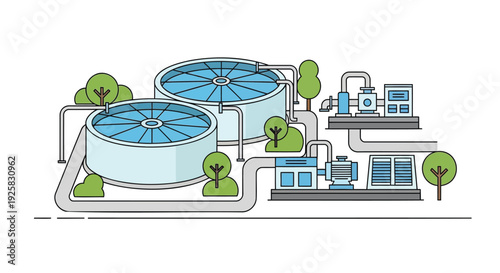 Wastewater treatment plant illustration showing an industrial water purification facility with circular sedimentation tanks, filtration systems, and pipes in a clean flat vector style for environmenta