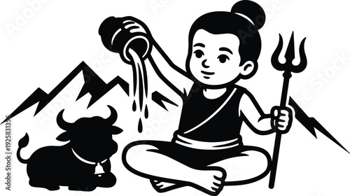 Line art young shiva pouring water holding trident seated with nandi bull and mountain background calm front view smiling minimalist