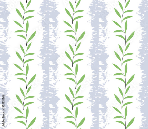 Modern botanical seamless pattern with green leaves and abstract brush strokes in vertical layout. Floral pattern. tile pattern. Cute pattern. vector illustration.