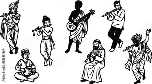 Line art multicultural musicians in traditional dress playing flutes drums and lute dancing and seated in folk performance expressive