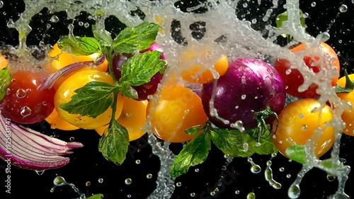 Fresh vegetables including tomatoes, peppers, onion and herbs, splattered with water