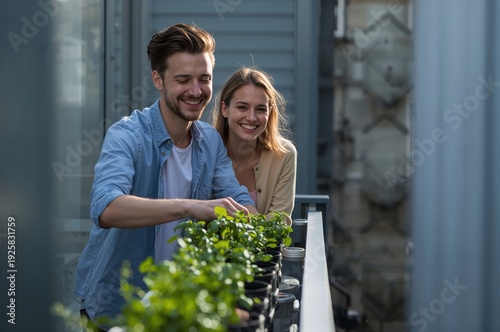 Young couple planting herbs on city balcony in sunny sustainable lifestyle moment