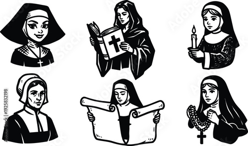 Linocut style woodcut nun portraits close up holding bible candle rosary scroll looking at viewer black and white vector set