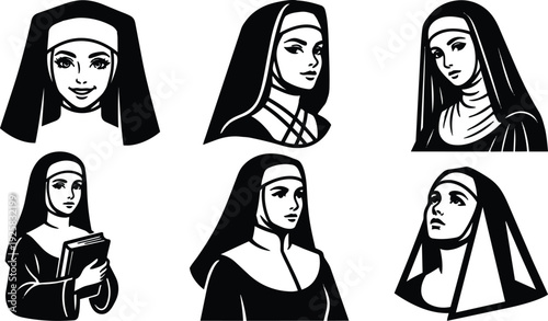 Line art close up nun portraits set with varied expressions holding book and looking away three quarter angle dramatic contrast
