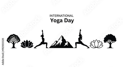 International Yoga Day icon set, yoga poses and symbols