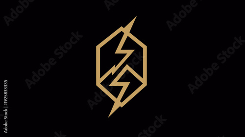 A golden, geometric symbol featuring lightning bolts enclosed within a hexagonal frame, on black background