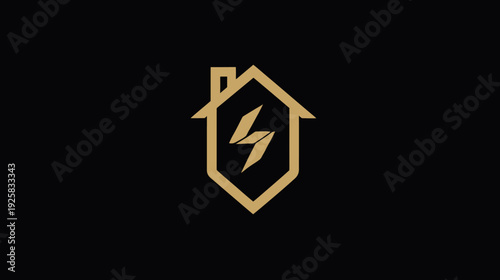A gold house outline with an internal lightning bolt on a black background