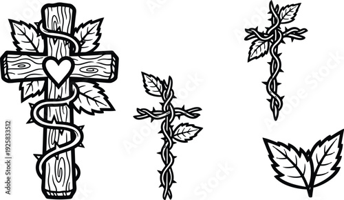 Tattoo flash close up wooden cross with heart wrapped by thorn vine leaves bold black line art isolated vector ornamental