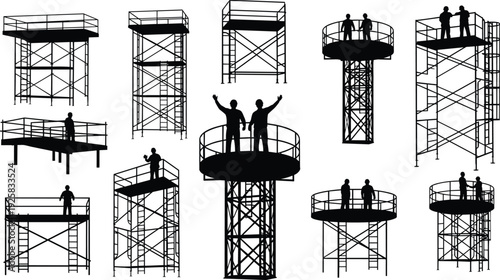 Construction scaffolding silhouettes with industrial workers on high platforms, builders on metal structures, architectural engineers, safety equipment, maintenance towers and site development element