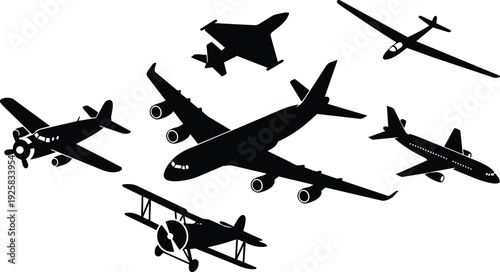 Minimalist vector airplane silhouettes overhead composition showing seven aircraft types in flat black clean isolated on white background aerial view