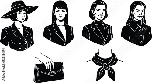 Line art vintage female portraits four busts with hat scarf and clutch close up fashion accessories studio composition elegant poses