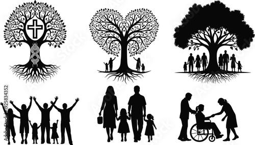 Family tree silhouettes with heart shape and christian cross symbol featuring group of people parents with children and community support in black icons