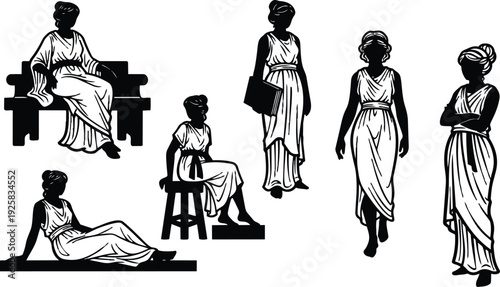 Engraving style silhouettes of classical women in draped robes various poses seated standing walking serene museum linework antique gesture