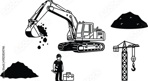 Vector line art excavator digging with bucket pouring soil crane and construction worker standing beside tool box pile mound site