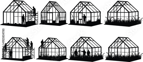 Greenhouse construction silhouettes with workers on scaffolding building glass houses for gardening, agriculture, organic farming, plant nursery, glasshouse structures, and backyard DIY projects