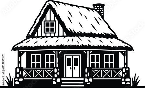 Line art detailed front view thatched roof cottage with porch railing double doors chimney and grass in vector black white