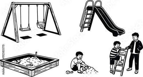 Line art playground elements set showing swings slide sandbox boys playing climbing ladder side view high contrast illustration simple vector
