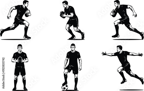 Line art stylized dynamic rugby and soccer player silhouettes running passing and posing in action sports vector icon set collection