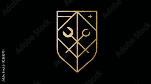 Geometric gold emblem set on black background. Features tools and a plus sign in an abstract design