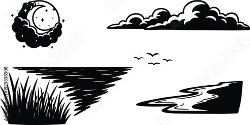 Tattoo flash crescent moon nestled in cloud with stars and coastal reeds shoreline and flying birds dramatic silhouette black vector