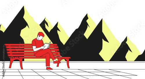 A vibrant graphic illustration features a person in red reading a book on a bright red park bench, with abstract black and yellow mountains, symbolizing peaceful leisure and reflection.