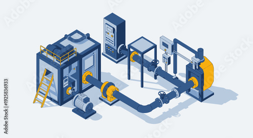 Industrial machinery and pipeline system in a factory setting.