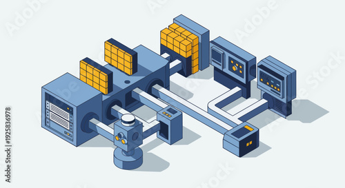 Industrial machinery complex with control panels and pipes.