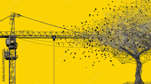 A yellow background features a construction crane and a tree with birds flying away in a graphic style