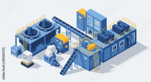 Industrial Manufacturing Plant Equipment and Machinery Isometric View.