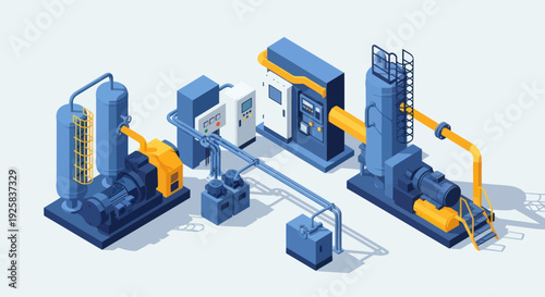 Industrial Manufacturing Plant Equipment Set Isometric View.
