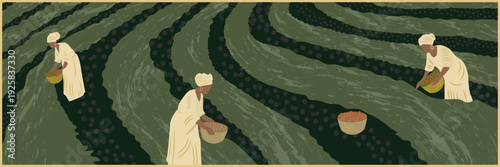 Stylized illustration of women collecting coffee beans in a vibrant plantation landscape. Concept of agriculture, rural labor, sustainability, and traditional farming practices.