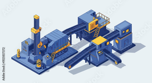 Industrial manufacturing plant with heavy machinery and conveyor belts.