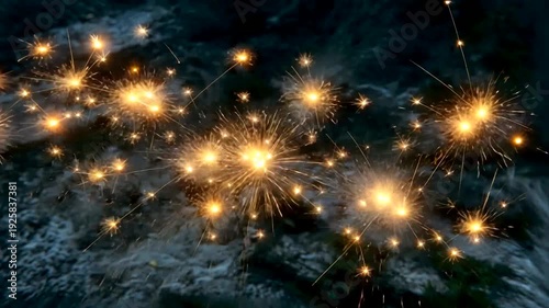 Close-up of glowing golden sparks bursting with lines against a dark and textured background