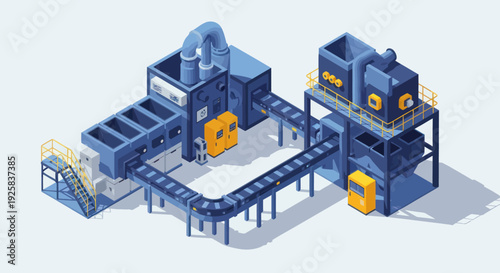 Industrial manufacturing plant with conveyor belts and machinery.