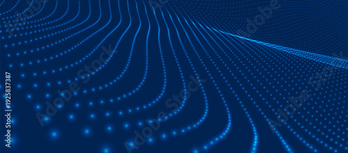 Futuristic dynamic wave. Abstract background of moving particles. Colorful music wave. Banner dedicated to technology or science. Digital technologies. 3D vector illustration.