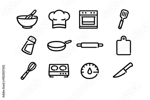 Set of kitchen utensils and cooking equipment icons including chef hat oven frying pan rolling pin and knife on white background