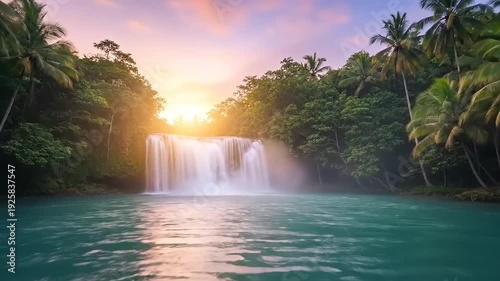 Tropical Waterfall Landscape at Sunset Serene Scene.