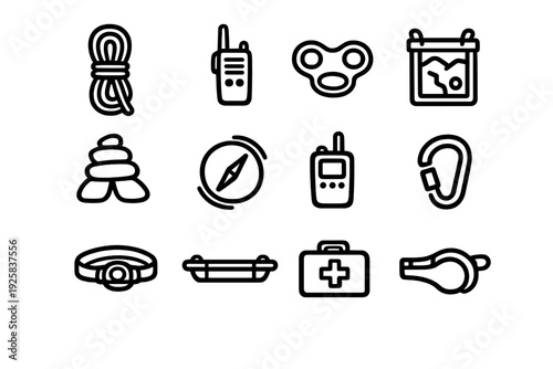 Hiking and camping survival equipment icons set including compass rope walkie talkie first aid kit whistle and headlamp on white background
