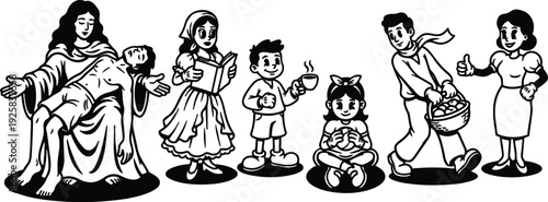 Line art pieta with family children holding bread cup basket teacher reading scene for easter religious education vintage black white
