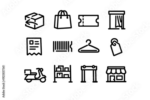 Retail and shopping line icons featuring delivery box shopping bag ticket fitting room receipt barcode hanger price tag and storefront