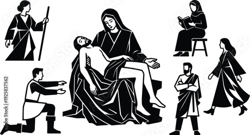 Flat silhouette pieta composition with mary holding christ surrounded by biblical figures kneeling reading walking in somber dramatic monochrome
