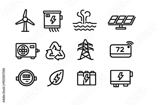 Renewable energy and sustainable power source line icons including solar panel wind turbine and battery storage systems
