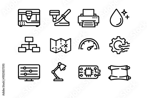 Set of technology and industrial line icons including printer microscope map gear microchip and desk lamp on white background