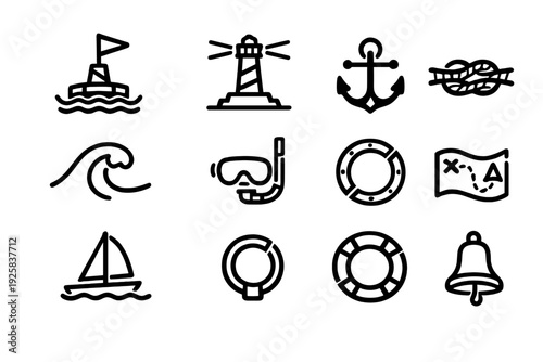 Nautical and maritime line icon set featuring anchor lighthouse sailboat treasure map and lifebuoy for marine design projects
